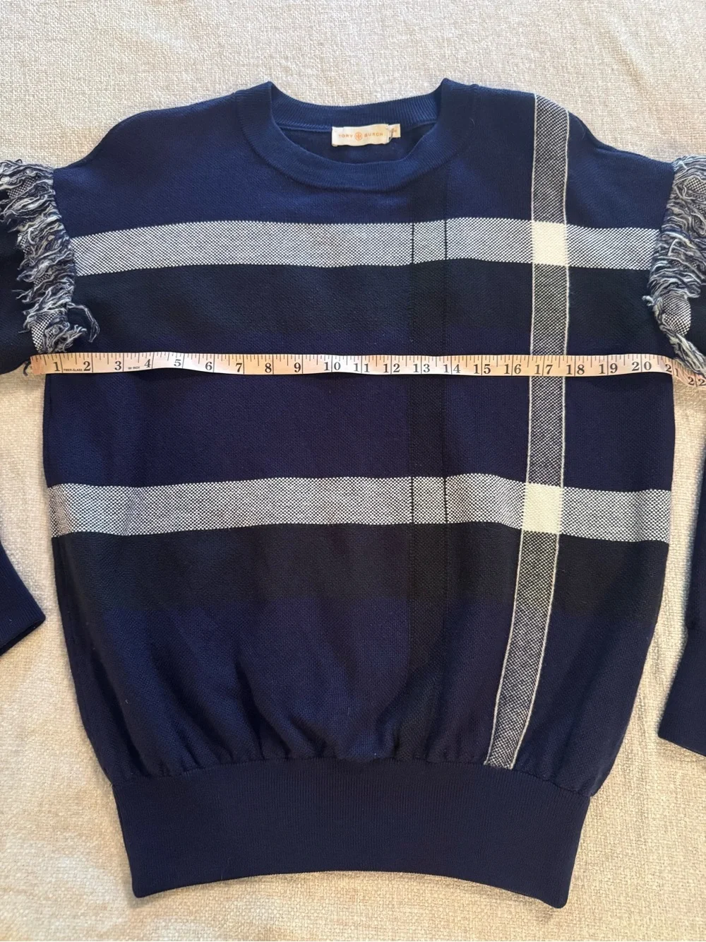 Tory Burch Gwen Wool Navy Plaid Fringe Sweater Medium